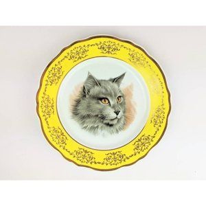 White Porcelain Cat Portrait Plate | Kitty Picture Yellow Border Collectible 10"
